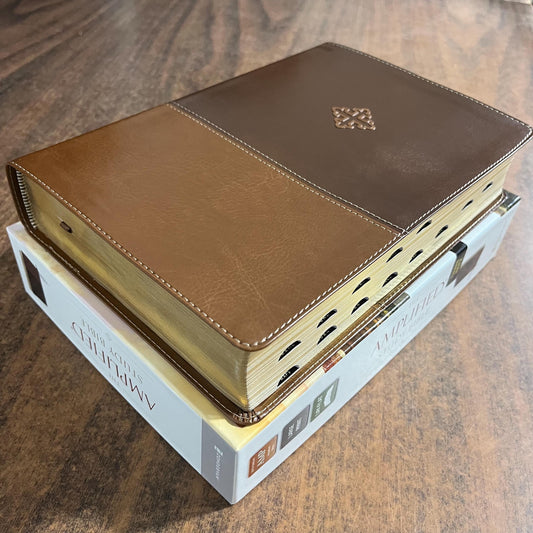 Personalized Amplified Study Bible Large Print Thumb Indexed - Brown LeatherSoft - Custom Imprinted with a name, 9780310444756