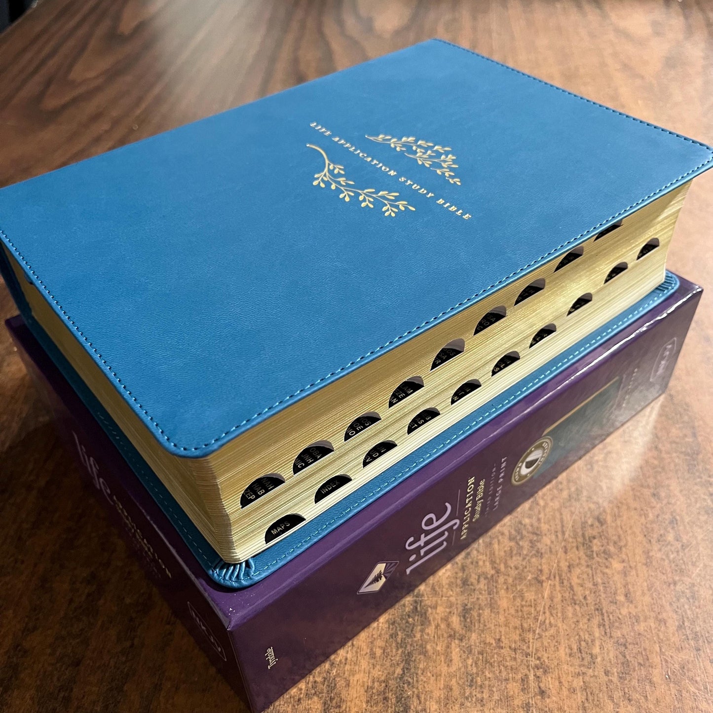 Personalized NKJV Large Print Life Application Study Bible Thumb Indexed - Teal Blue LeatherLike - Custom Imprinted with name engraved 9781496452085
