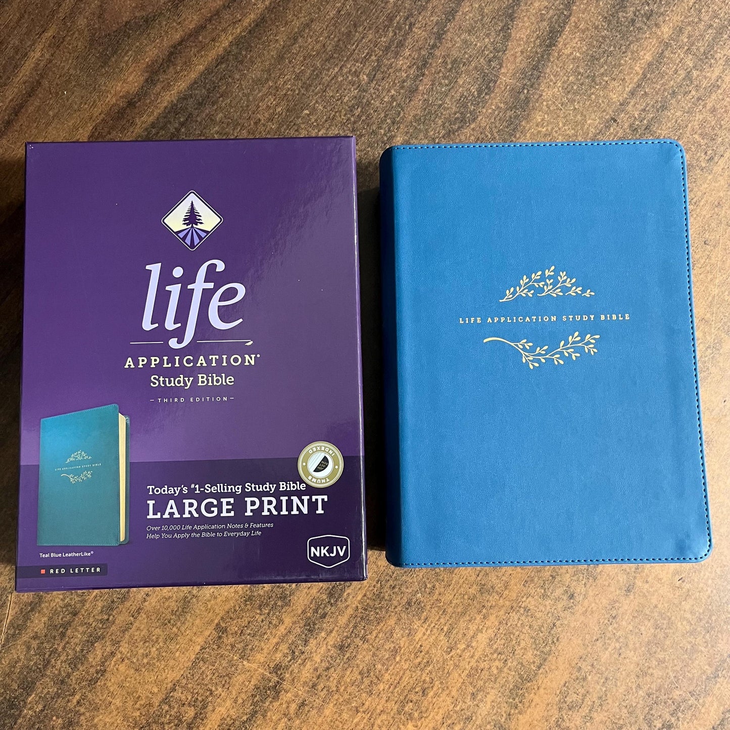 Personalized NKJV Large Print Life Application Study Bible Thumb Indexed - Teal Blue LeatherLike - Custom Imprinted with name engraved 9781496452085
