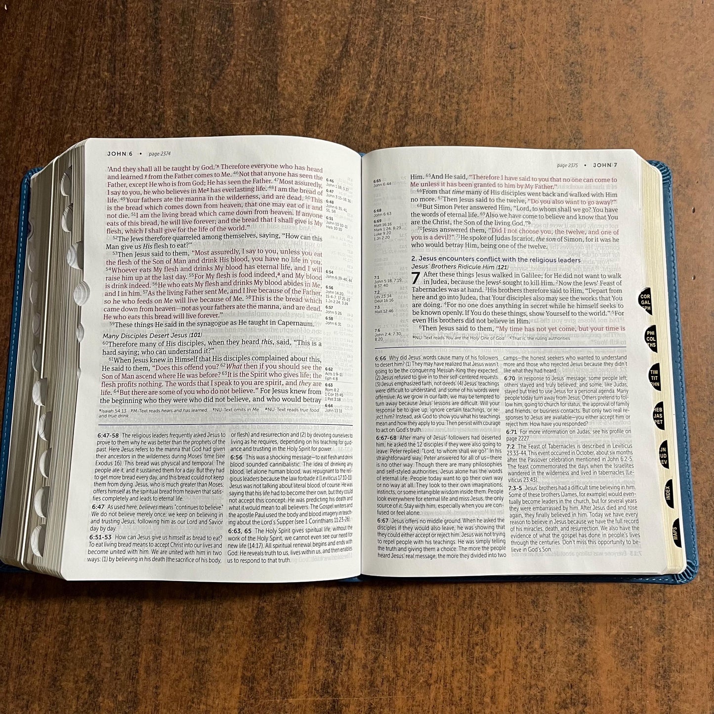 Personalized NKJV Large Print Life Application Study Bible Thumb Indexed - Teal Blue LeatherLike - Custom Imprinted with name engraved 9781496452085