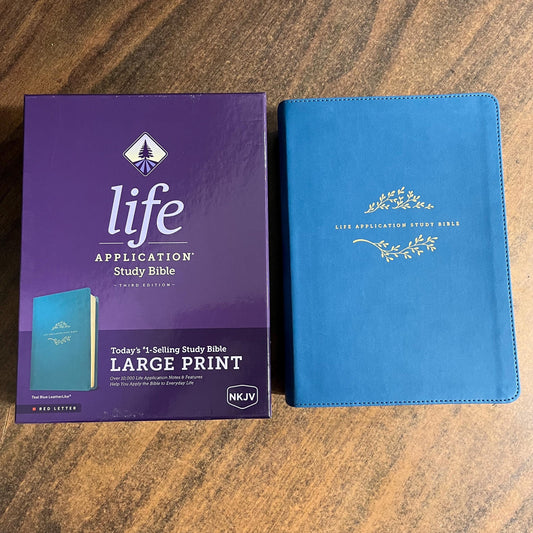 Personalized NKJV Large Print Life Application Study Bible - Teal Blue LeatherLike - Custom Imprinted with name engraved, ISBN 9781496452078