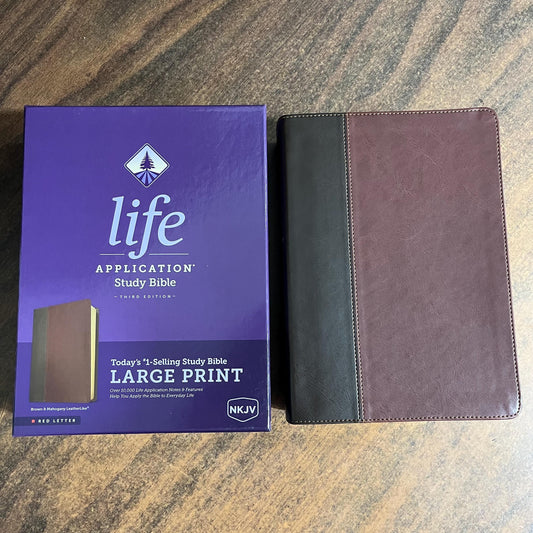 Personalized NKJV Large Print Life Application Study Bible - Brown / Mahogany LeatherLike - Custom Imprinted with name, ISBN 9781496452054