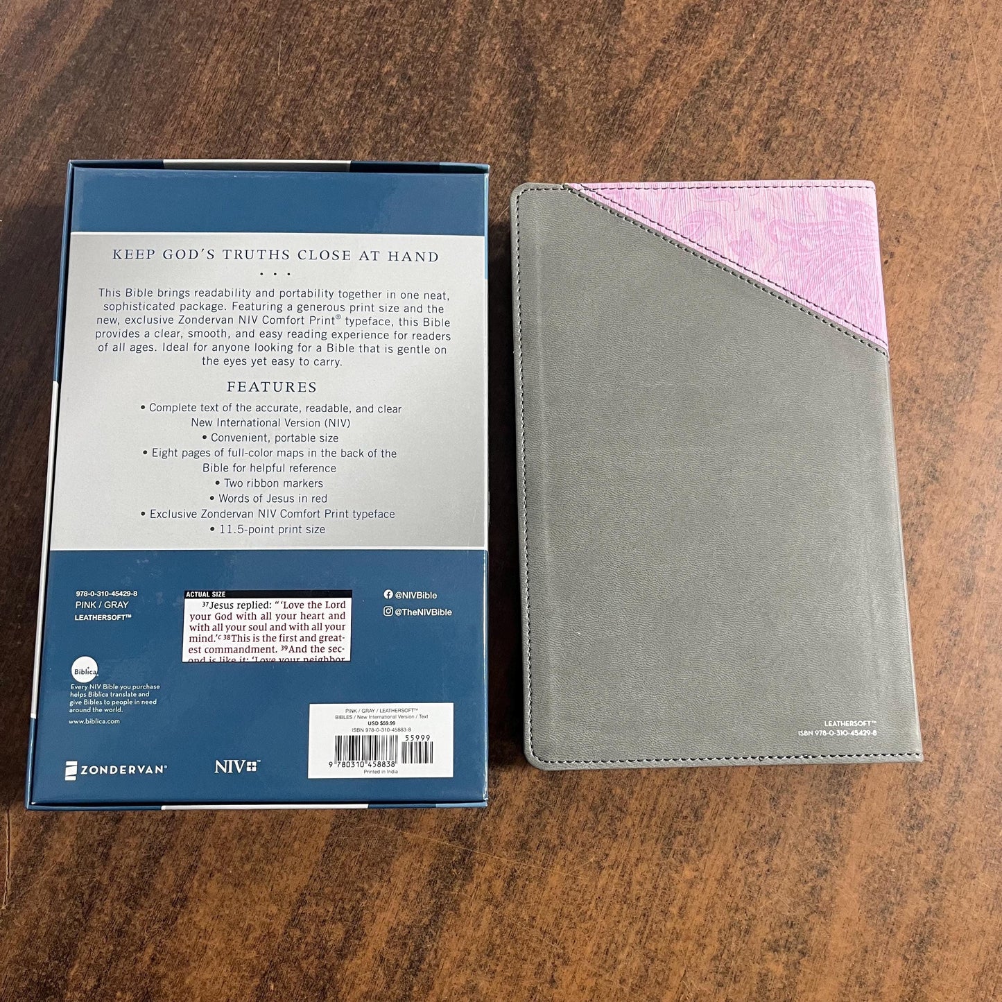 Personalized NIV Large Print Personal Size Bible Thumb Indexed - Pink / Gray LeatherSoft - Custom Imprinted with name, 9780310458838
