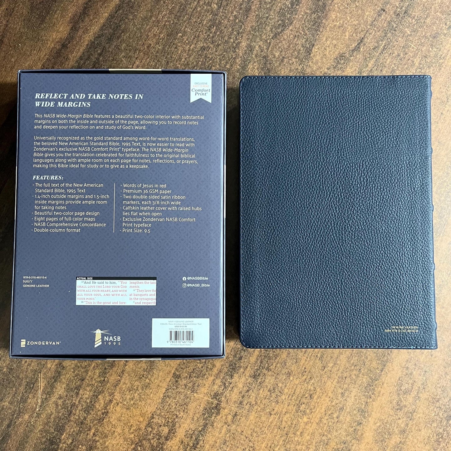 Personalized NASB Wide Margin Bible - Navy Genuine Leather, 1995 NASB Text, custom imprinted with a name engraved, isbn 9780310461104