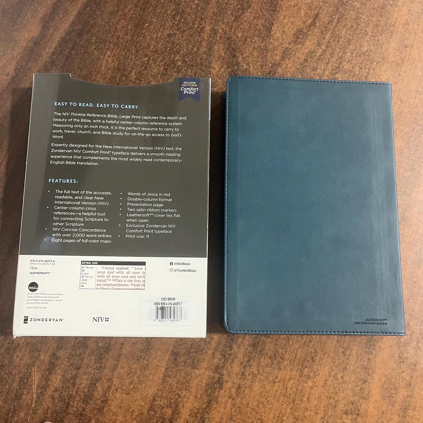 Personalized NIV Large Print Thinline Reference Bible Thumb Indexed - Teal LeatherSoft Cover Custom Imprinted a name, 9780310462767