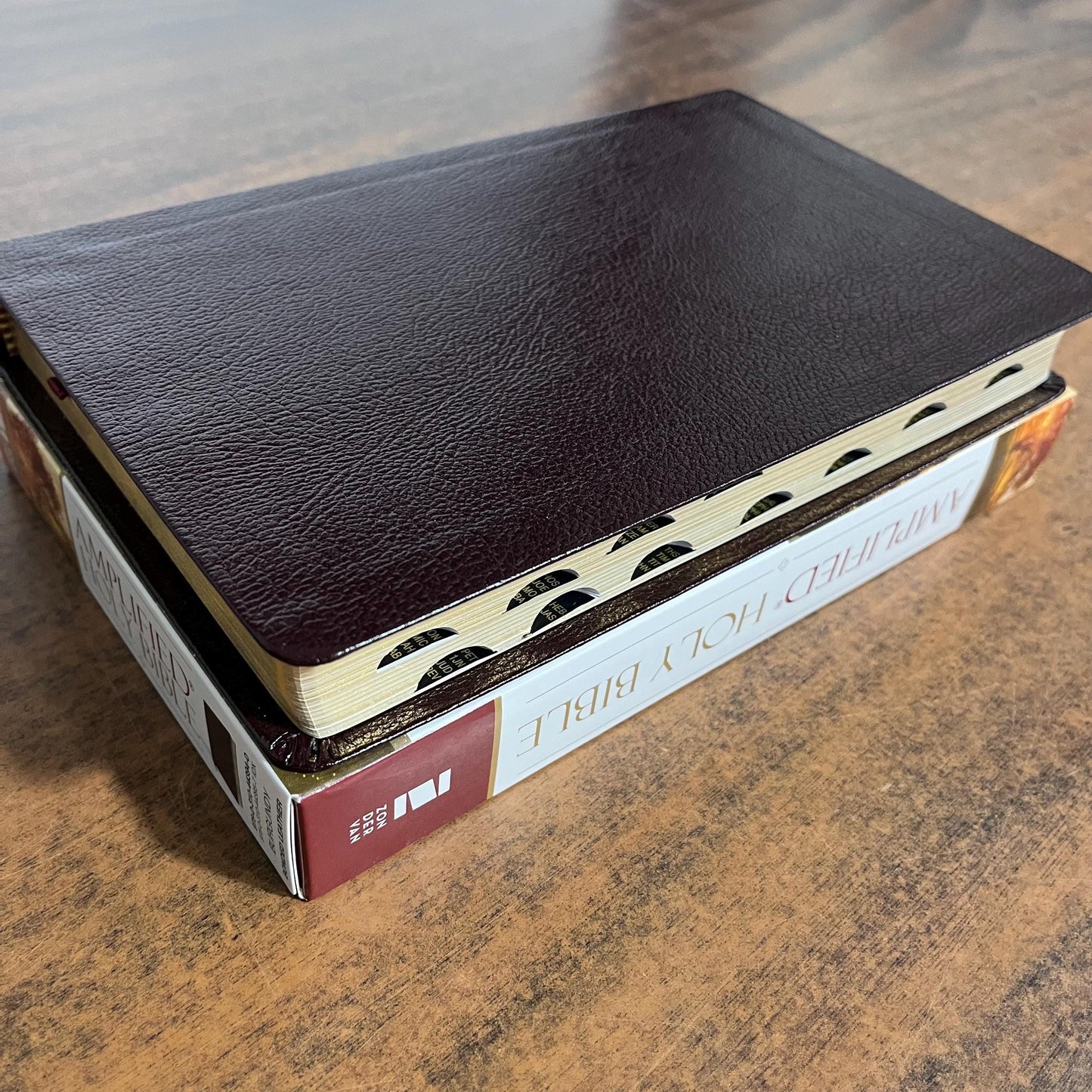 Personalized Amplified Bible Thumb Indexed with book tabs - Burgundy Bonded Leather, custom imprinted with name, 9780310443957