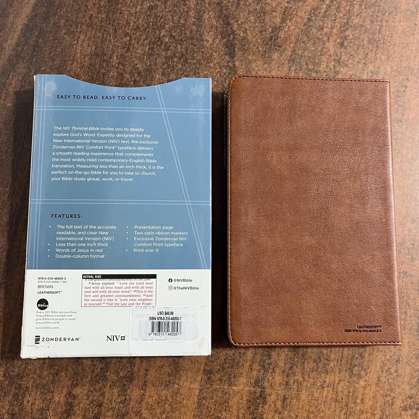 Personalized NIV Thinline Bible Thumb Indexed - Brown LeatherSoft, Custom Imprinted with a name, ISBN 9780310462057
