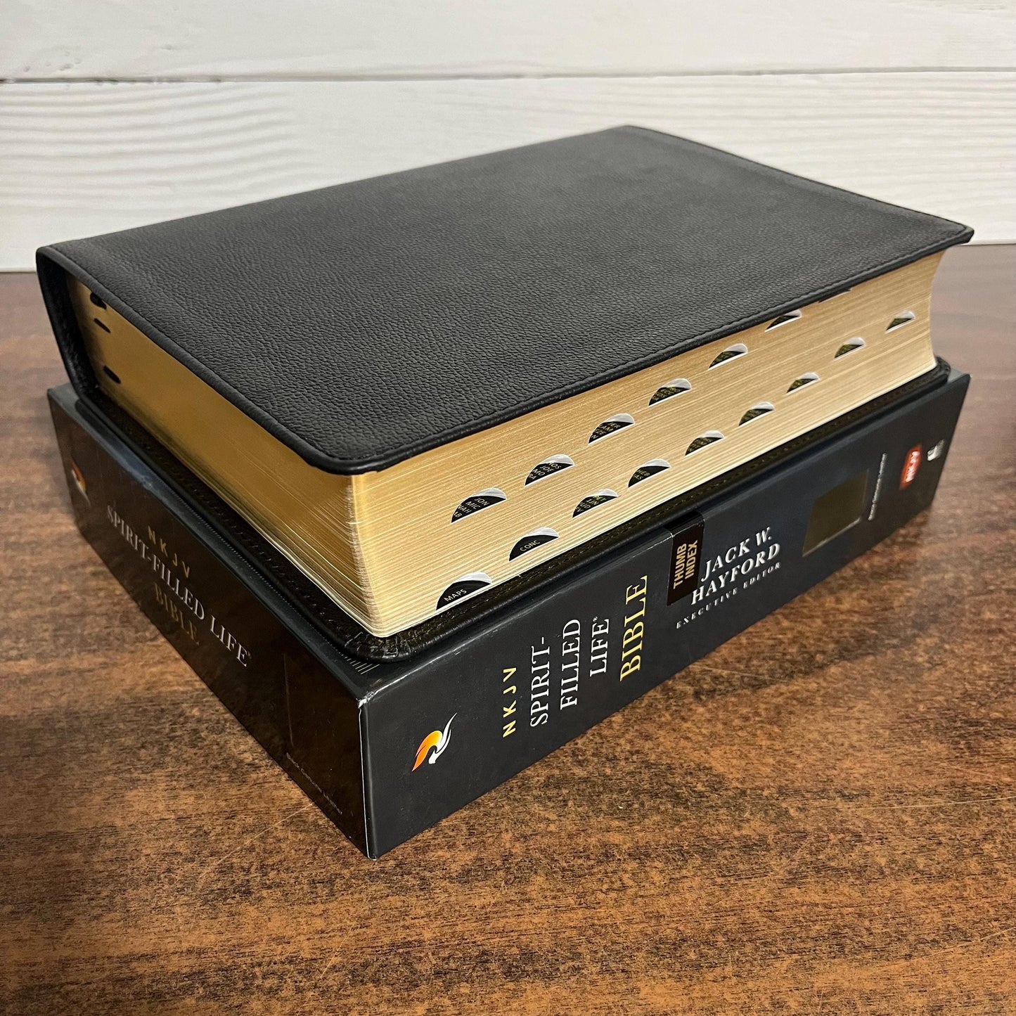 Personalized NKJV Spirit Filled Life Study Bible Thumb Indexed - Black Genuine Leather - Custom Imprinted with a name, 9780529100719