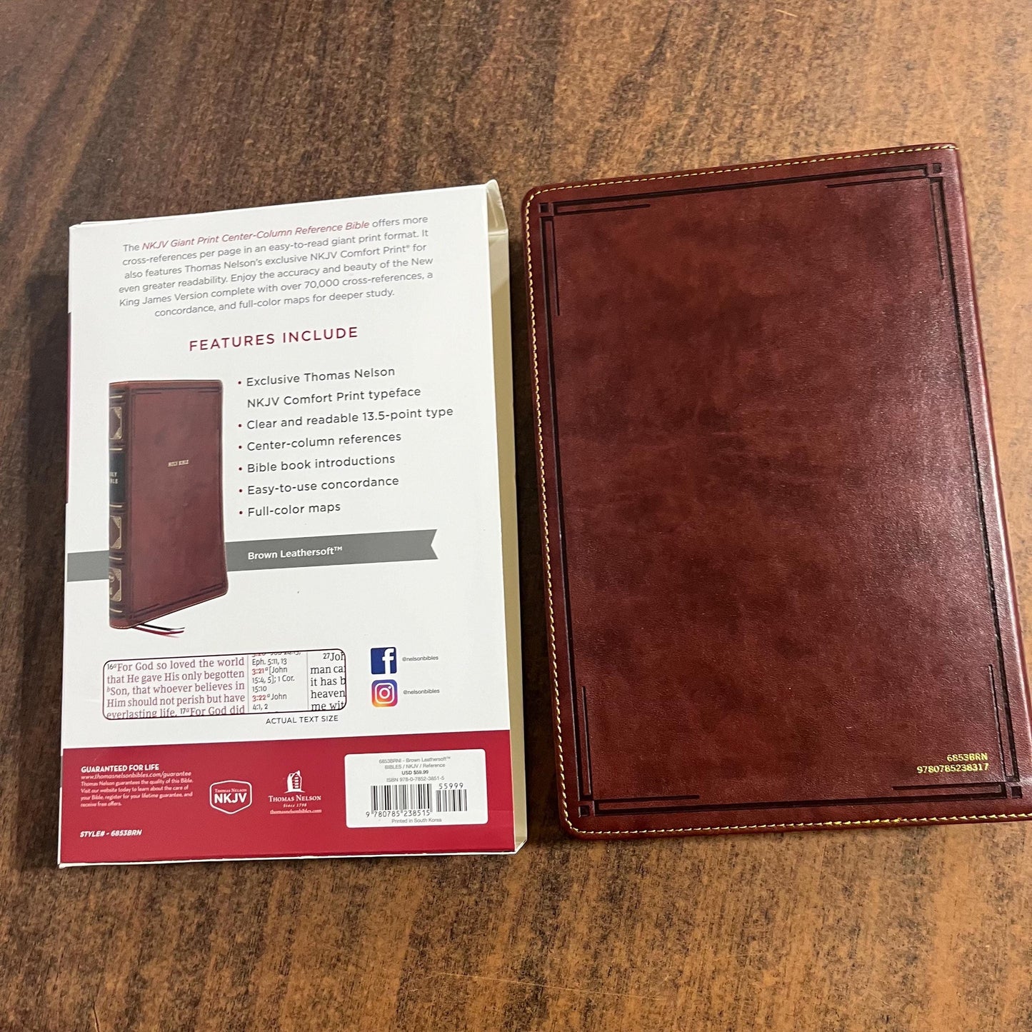 Personalized NKJV Giant Print Center Column Reference Bible Thumb Indexed - Brown Leathersoft, Custom Imprinted, ISBN 9780785238515, large p