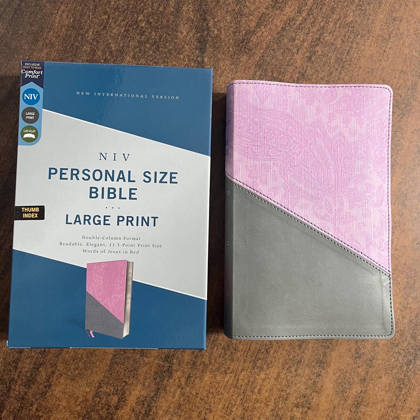Personalized NIV Large Print Personal Size Bible Thumb Indexed - Pink / Gray LeatherSoft - Custom Imprinted with name, 9780310458838