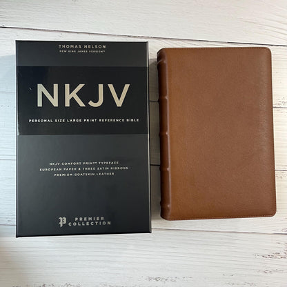 Personalized NKJV Large Print Personal Size Reference Bible - Brown Goatskin Premium Genuine Leather 10.5 pt font 978078528292