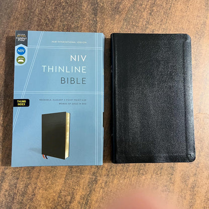 Personalized NIV Thinline Bible Thumb Indexed - Black Bonded Leather, Custom Imprinted with a name, ISBN 9780310448778