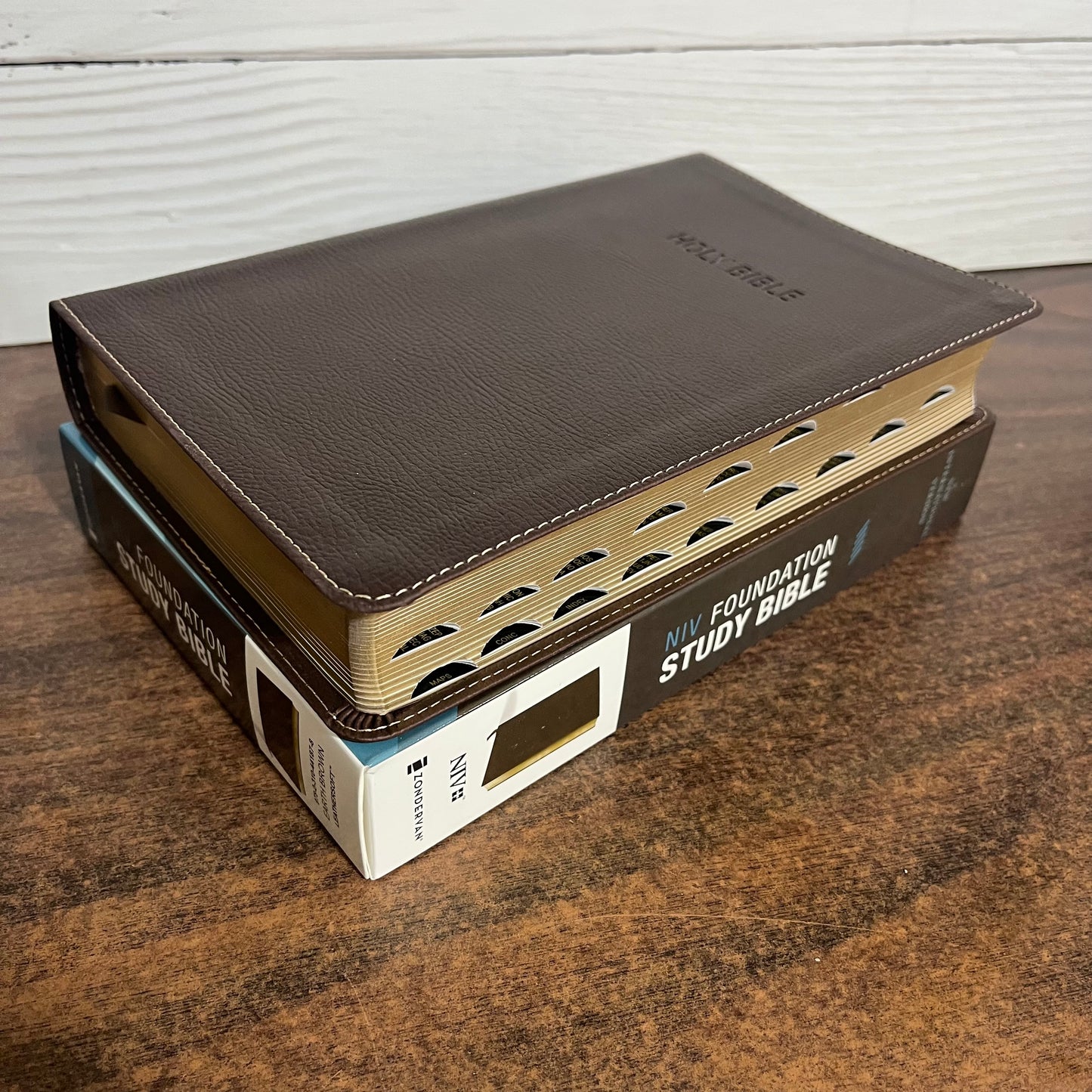Personalized NIV Foundation Study Bible Thumb Indexed - Brown Leathersoft - Custom Imprinted with a name, ISBN 9780310443780