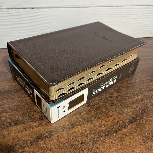 Personalized NIV Foundation Study Bible Thumb Indexed - Brown Leathersoft - Custom Imprinted with a name, ISBN 9780310443780