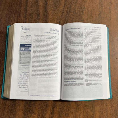Personalized NIV Womens Devotional Bible Large Print - Teal Leathersoft Cover - Custom Imprinted with a name 9780310461005