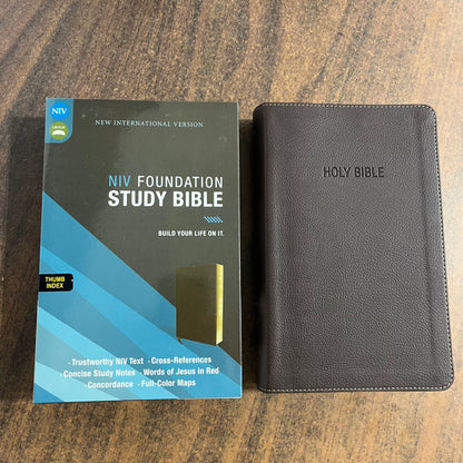 Personalized NIV Foundation Study Bible Thumb Indexed - Brown Leathersoft - Custom Imprinted with a name, ISBN 9780310443780