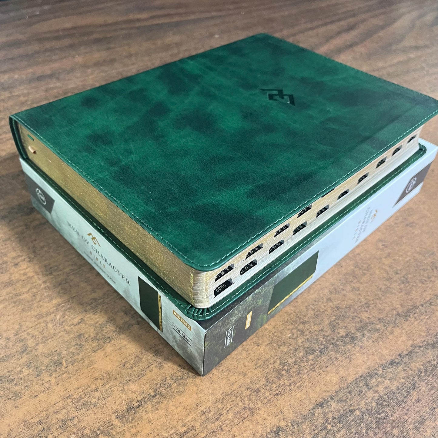 Personalized Mens Bible, CSB Men of Character Study Bible Thumb Indexed, Green LeatherTouch, Custom Imprinted engraved