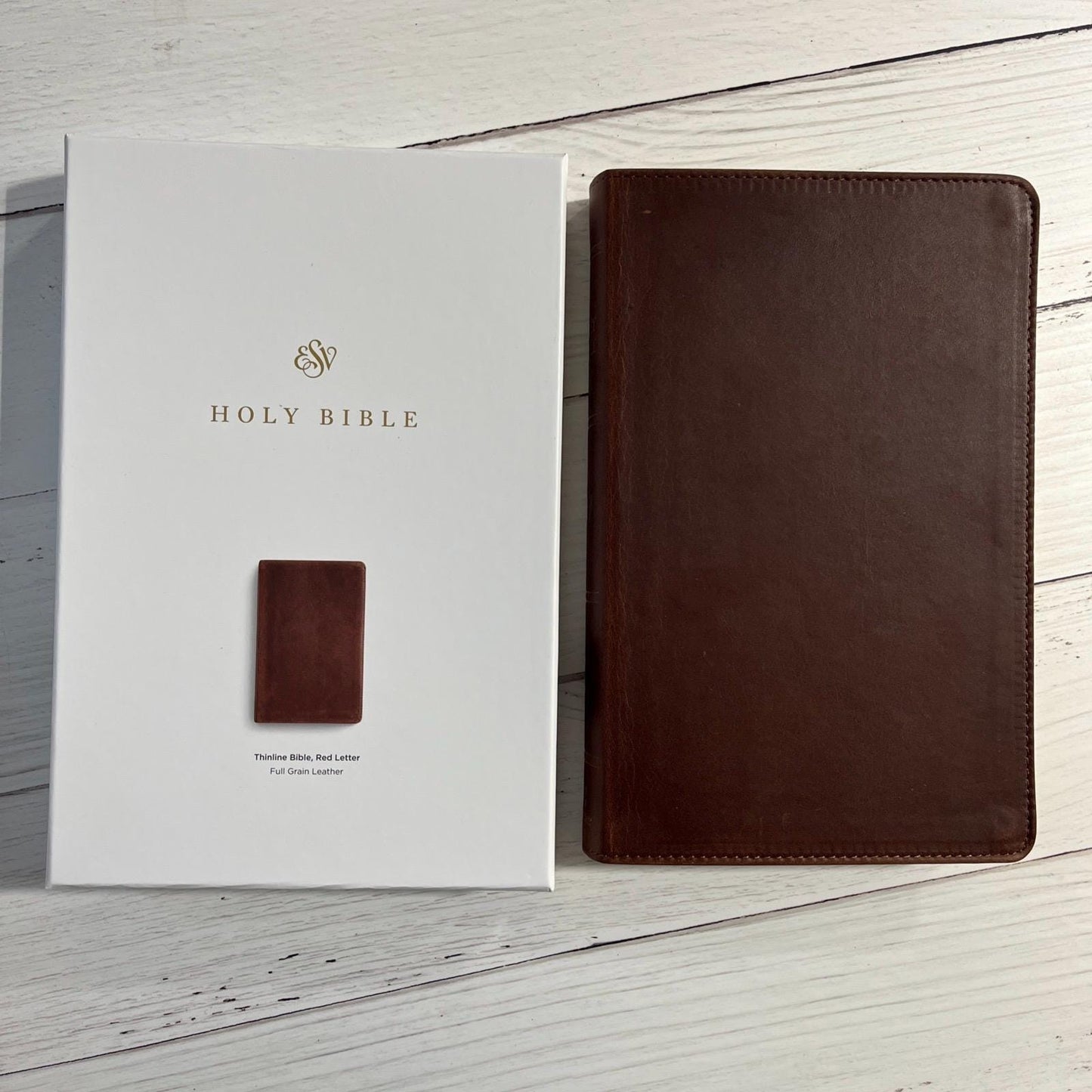 Personalized ESV Thinline Bible - Saddle Brown Full Grain Genuine Leather, Custom Imprinted with name, ISBN 9798874903534 2025 ESV Text