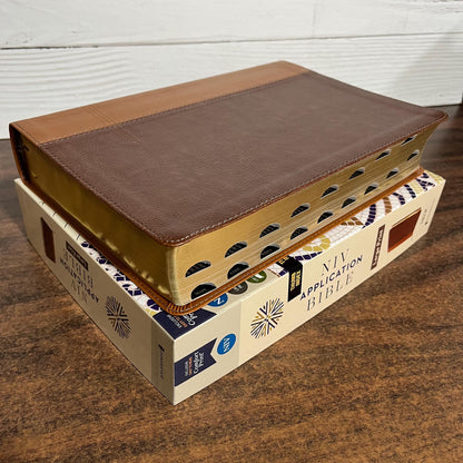 Personalized NIV Large Print Application Study Bible Thumb Indexed - Brown LeatherSoft,  Custom Imprinted with a name, 9780310465317 (Update to Life Application Bible)
