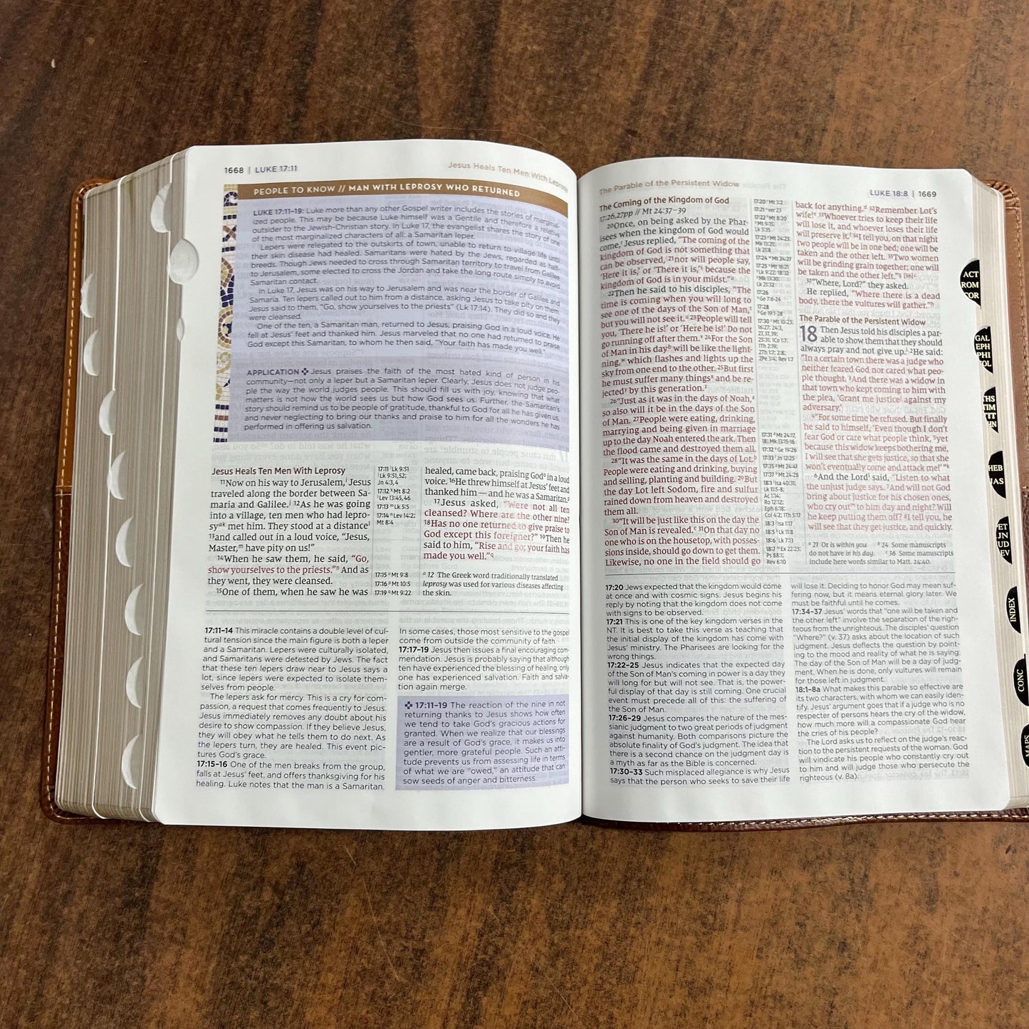 Personalized NIV Life Application Study Bible Thumb Indexed with book tabs - Brown LeatherLike - Custom Imprinted with a name, 9780310465157