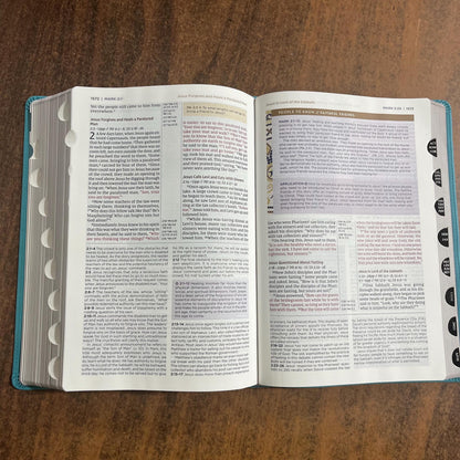 Personalized NIV Large Print Application Study Bible Thumb Indexed - Teal LeatherSoft 9780310467779 (Update to Life Application Bible)