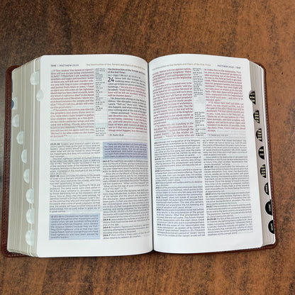 Personalized NIV Personal Size Life Application Study Bible Thumb Indexed - Brown / Slate Blue LeatherSoft -  Custom Imprinted 9780310465256