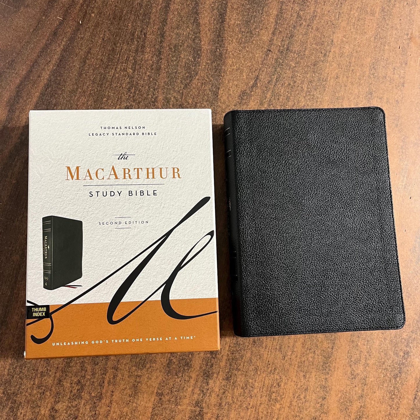 Personalized LSB MacArthur Study Bible Thumb Indexed - Black Genuine Leather - Custom Imprinted a name, Legacy Standard Bible, 9781400339761