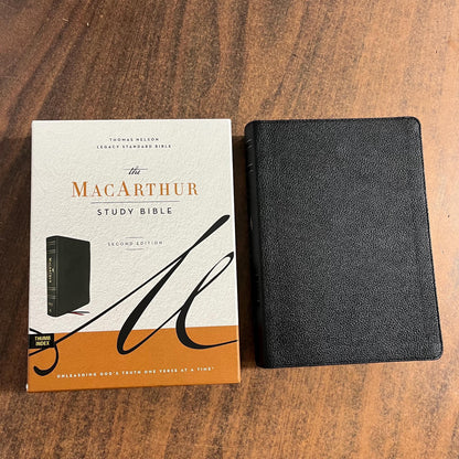 Personalized LSB MacArthur Study Bible Thumb Indexed - Black Genuine Leather - Custom Imprinted a name, Legacy Standard Bible, 9781400339761