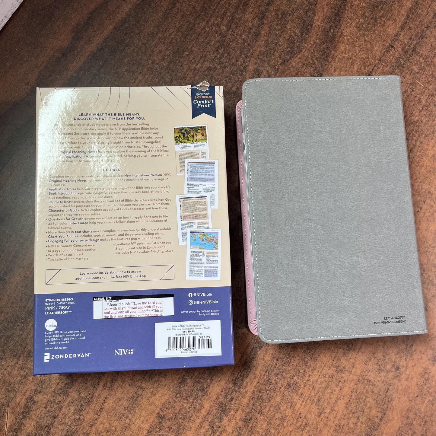 Personalized NIV Personal Size Life Application Study Bible Thumb Indexed - Pink / Gray LeatherSoft -  Custom Imprinted name 9780310465270