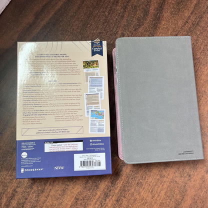 Personalized NIV Personal Size Life Application Study Bible Thumb Indexed - Pink / Gray LeatherSoft -  Custom Imprinted name 9780310465270
