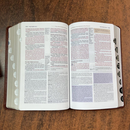 Personalized NIV Personal Size Life Application Study Bible Thumb Indexed - Brown / Slate Blue LeatherSoft -  Custom Imprinted 9780310465256