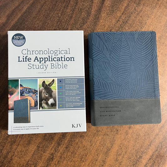 Personalized KJV Chronological Life Application Study Bible -  Palm Forest Blue LeatherLike - Custom Imprinted name engraved 9781496489579