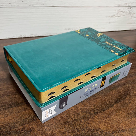 Personalized NASB Large Print Personal Size Bible Thumb Indexed - Teal LeatherSoft - Custom Imprinted bible, nasb 1995, 9780310465959