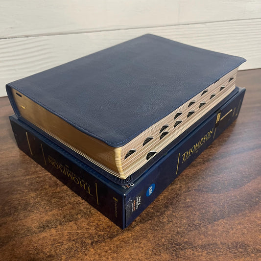 Personalized NIV Thompson Chain Reference Study Bible Thumb Indexed - Navy LeatherSoft, Custom Imprinted, ISBN 9780310459828