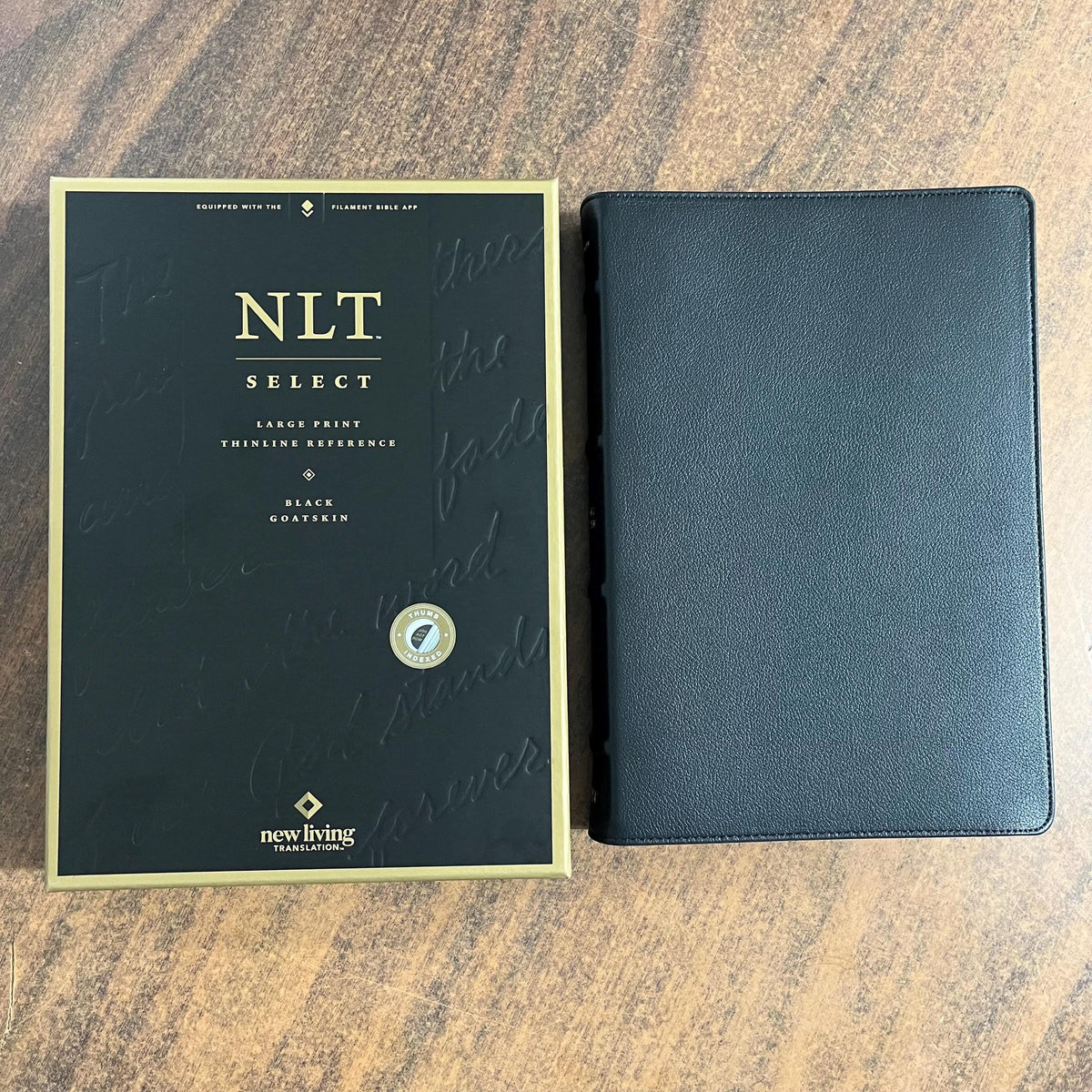 Personalized NLT Tyndale Select Large Print Thinline Reference Bible Thumb Indexed - Black Goatskin Genuine Leather - Custom, 9798400506550