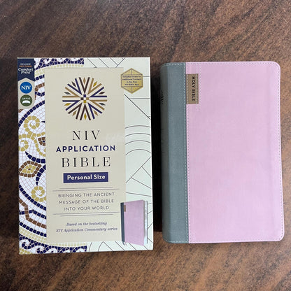 Personalized NIV Personal Size Application Study Bible - Pink / Gray LeatherSoft -  Custom Imprinted name 9780310465263 (Update to Life Application Bible)