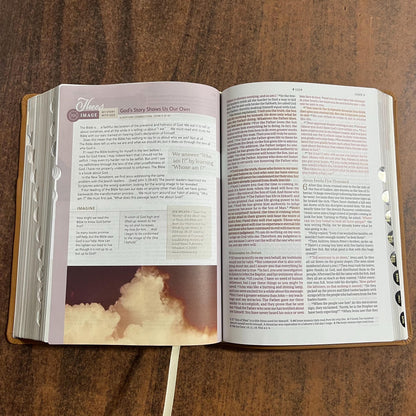 Personalized NLT Every Womans Bible Thumb Indexed - Camel Brown Genuine Leather - Custom Imprinted, name, Devotional Study, 9798400503092