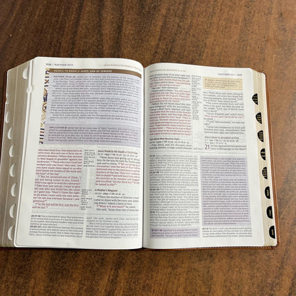 Personalized NIV Large Print Application Study Bible Thumb Indexed - Brown LeatherSoft,  Custom Imprinted with a name, 9780310465317 (Update to Life Application Bible)