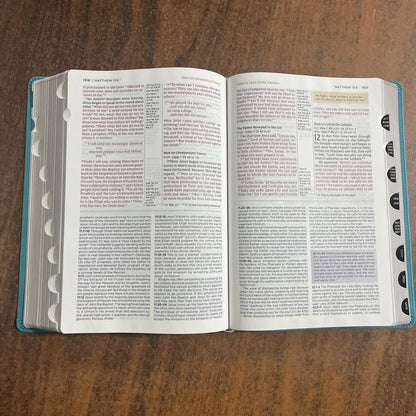 Personalized NIV Large Print Application Study Bible Thumb Indexed - Teal LeatherSoft 9780310467779 (Update to Life Application Bible)