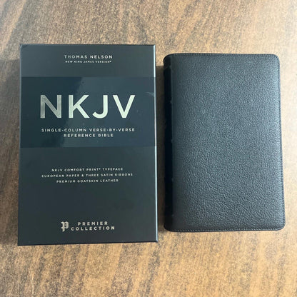 Personalized NKJV Single Column Reference Premier Collection Bible - Black Goatskin Premium Genuine Leather, Custom Imprinted 9781400349081