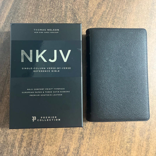 Personalized NKJV Single Column Reference Premier Collection Bible - Black Goatskin Premium Genuine Leather, Custom Imprinted 9781400349081