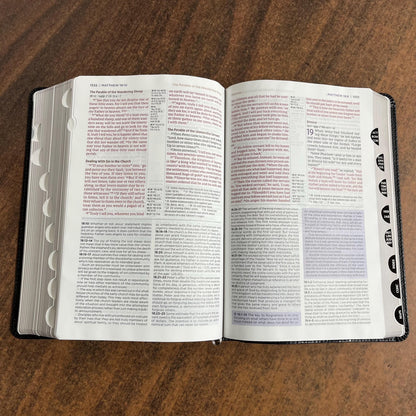 Personalized NIV Life Application Study Bible Thumb Indexed Tabs - Black European Bonded Leather-  Custom Imprinted with name 9780310465133