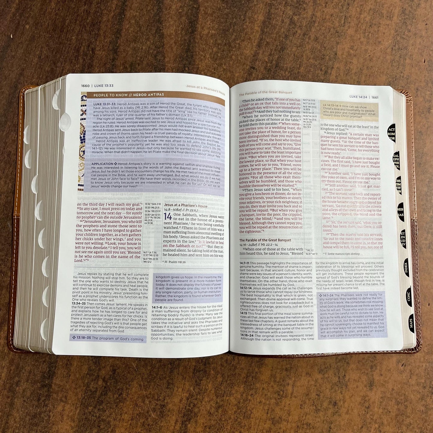 Personalized NIV Life Application Study Bible Thumb Indexed with book tabs - Brown LeatherLike - Custom Imprinted with a name, 9780310465157
