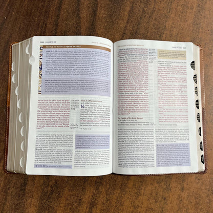 Personalized NIV Life Application Study Bible Thumb Indexed with book tabs - Brown LeatherLike - Custom Imprinted with a name, 9780310465157