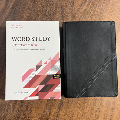 Personalized KJV Word Study Reference Bible Thumb Indexed - Black Bonded Leather, custom imprinted with a name, 9780785294962 20spaces