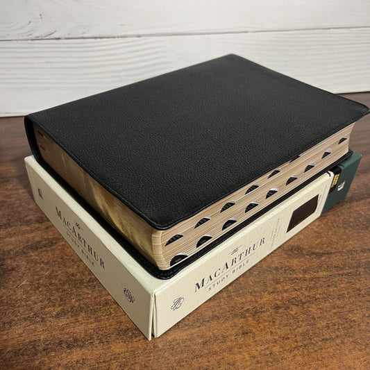 Personalized ESV MacArthur Study Bible Thumb Indexed, Black Genuine Leather, Custom Name Engraved Imprinted, ISBN 9780785247050