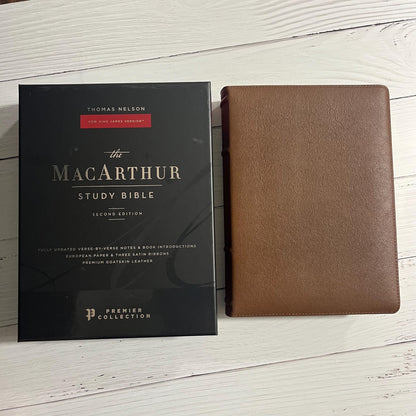Personalized NKJV MacArthur Study Bible, Brown Premium Genuine Goatskin Leather, Premier Collection ISBN 9780785230885