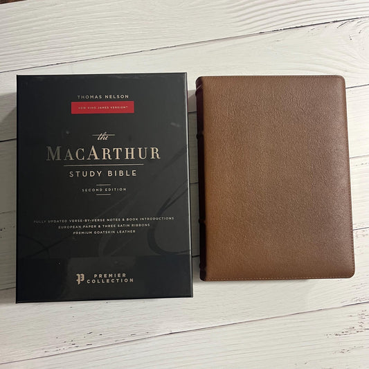 Personalized NKJV MacArthur Study Bible, Brown Premium Genuine Goatskin Leather, Premier Collection ISBN 9780785230885