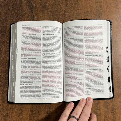 Personalized NIV Thinline Bible Thumb Indexed - Black Bonded Leather, Custom Imprinted with a name, ISBN 9780310448778