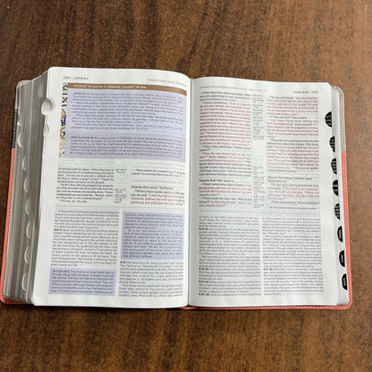 Personalized NIV Life Application Study Bible Thumb Indexed with Tabs - Coral / Gray LeatherSoft -Custom Imprinted with a name 9780310465171